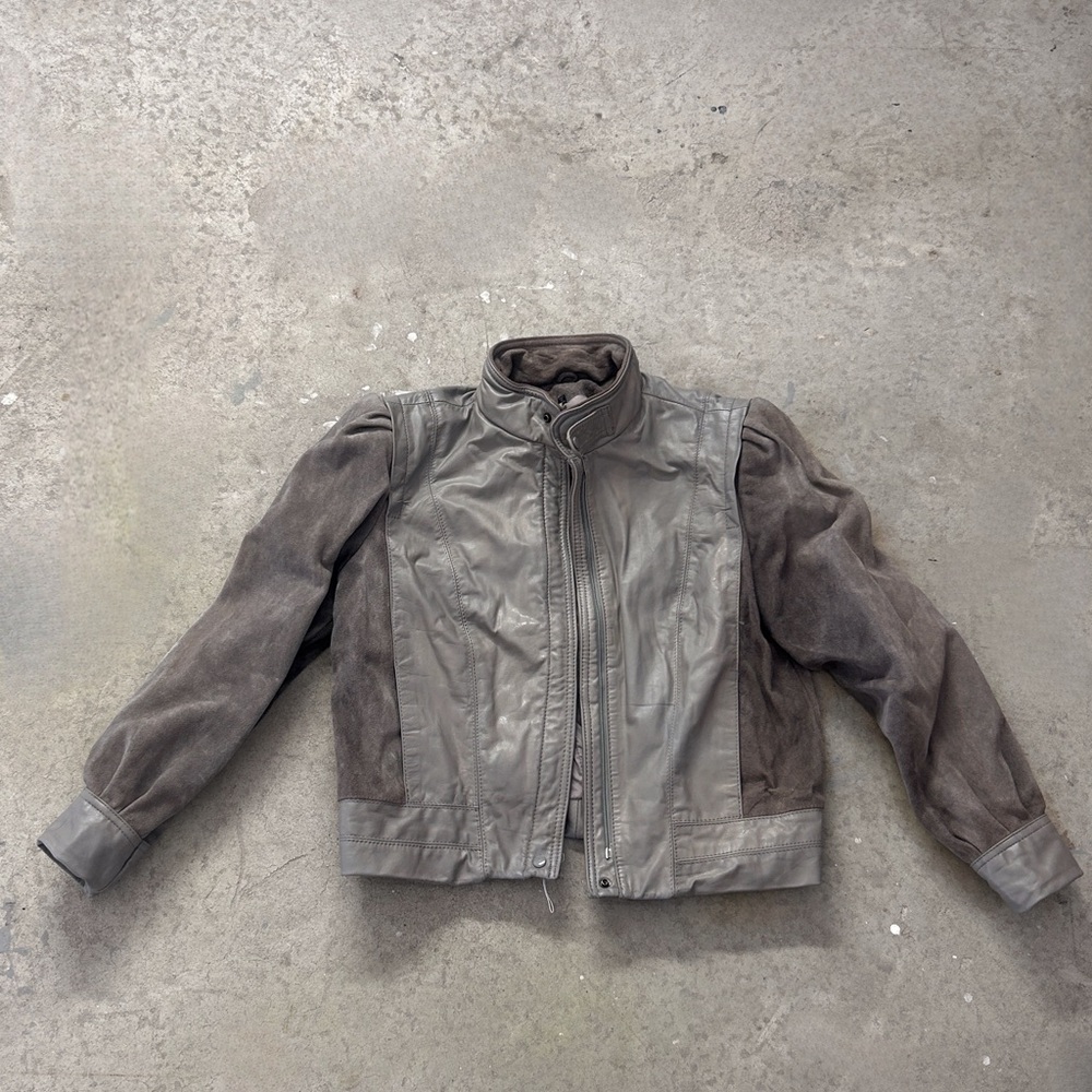 Gray Leather Jacket with Stand-Up Collar and Full-Length Zipper - Picture 2 of 11